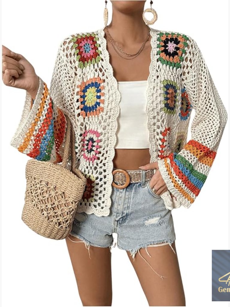 Floral Crochet Cardigan, Lightweight Acrylic, Loose Fit, Long Sleeve Open Front